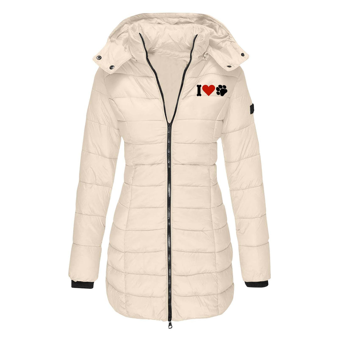Damen nan gesteppte Steppjacke mit Kapuze, taillierter Silhouette und Herz-Pfoten-Print Shop Nory