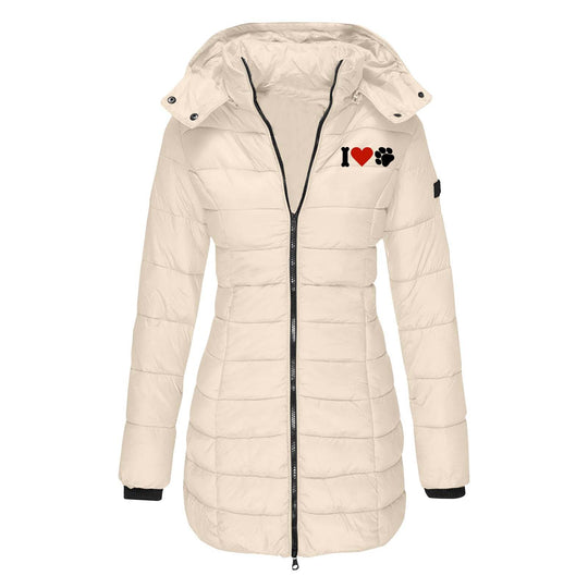 Damen nan gesteppte Steppjacke mit Kapuze, taillierter Silhouette und Herz-Pfoten-Print Shop Nory