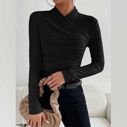 Damen Enganliegendes Langarmshirt mit Wickelkragen und seitlicher Raffung Shop Nory