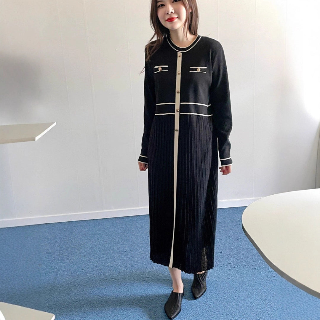 Damen Elegantes Longstrickkleid mit Kontrastpaspel, dekorativer Knopfleiste und plissiertem Rock Shop Nory