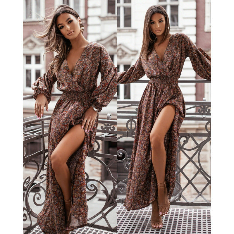 Damen Maxikleid mit tiefem V-Ausschnitt und voluminösen Ärmeln