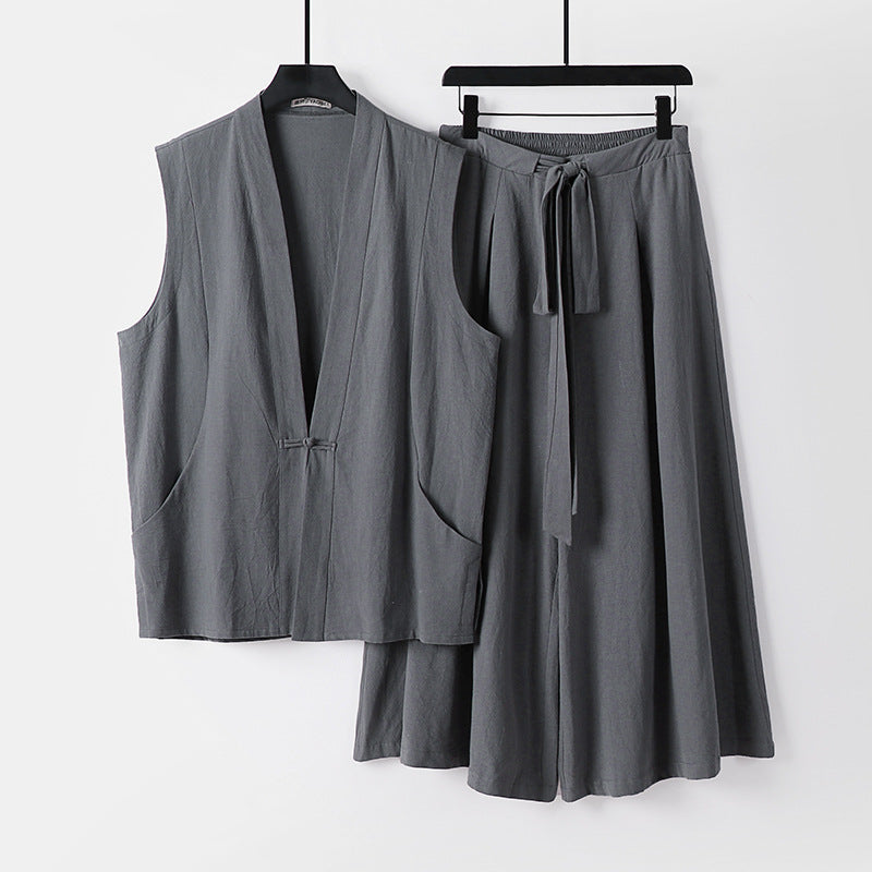 Damen Ärmelloses Kimono-Loungewear-Set aus leichtem Viskose-Leinen mit Bindeweste und weiten Palazzo-Hose Shop Nory
