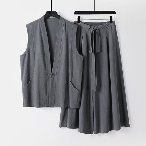 Damen Ärmelloses Kimono-Loungewear-Set aus leichtem Viskose-Leinen mit Bindeweste und weiten Palazzo-Hose Shop Nory