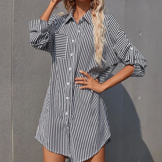 Damen Hemdblusenkleid im lässigen Stil mit Streifenmuster