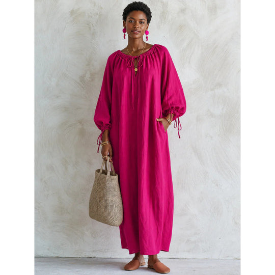 Damen Luftiges Leinenoptik-Maxikleid mit Kordelkragen, Ballonärmeln und Eingrifftaschen Shop Nory