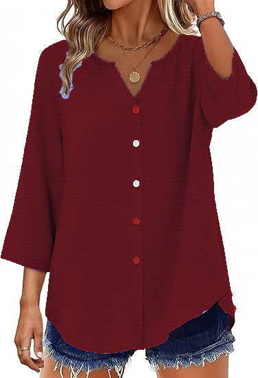 Damen Leichte V-Ausschnitt Blusenjacke mit 3/4-Ärmeln, geschwungenem Saum und durchgehender Knopfleiste Shop Nory