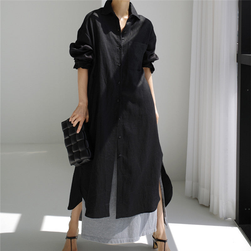 Damen Langes Leichtes Hemdblusen-Midaxi-Kleid mit Kentkragen und hohen Seitenschlitzen Shop Nory
