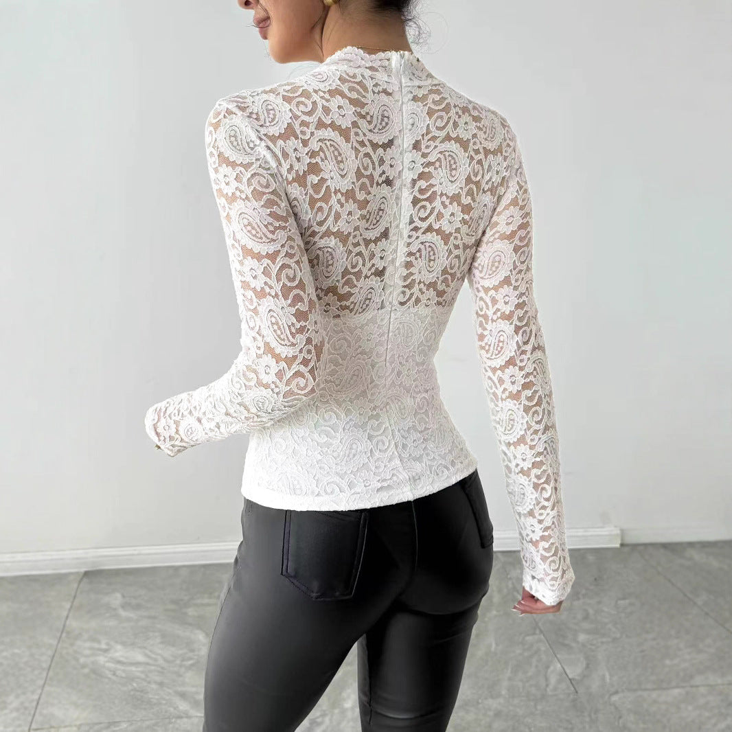 Damen Spitzenshirt mit elegantem hohem Kragen und langem Arm