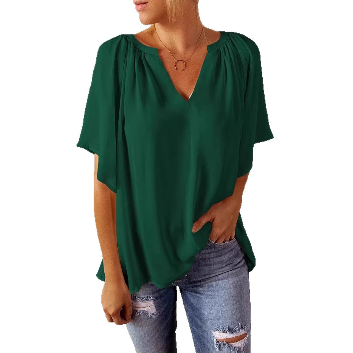 Damen lockeres Blusenshirt mit V-Ausschnitt und luftigen Ärmeln