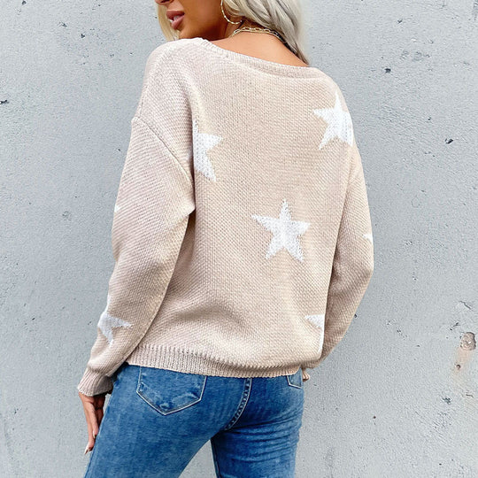 Damen grobgestrickter Sternmotiv-Pullover mit destroyed Saum Shop Nory