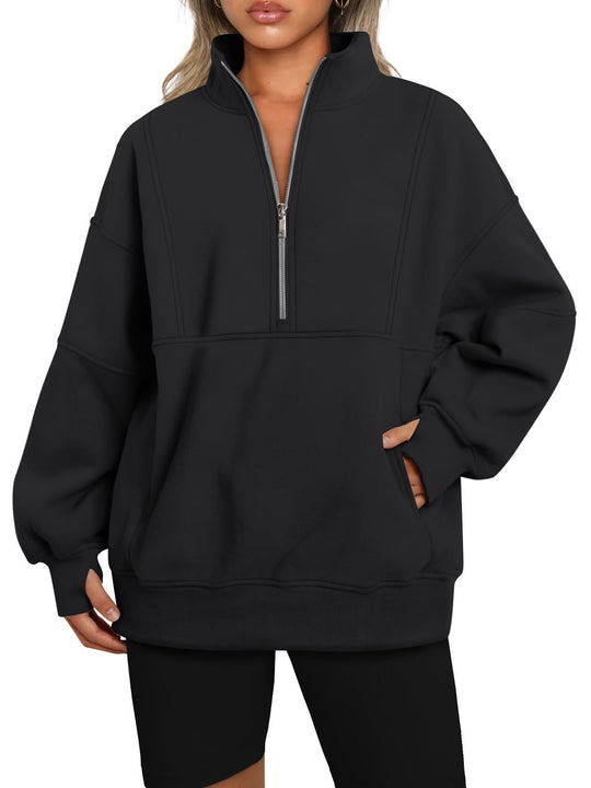 Damen Oversize-Sweatshirt mit halbem Reißverschluss, Stehkragen und Kängurutasche Shop Nory