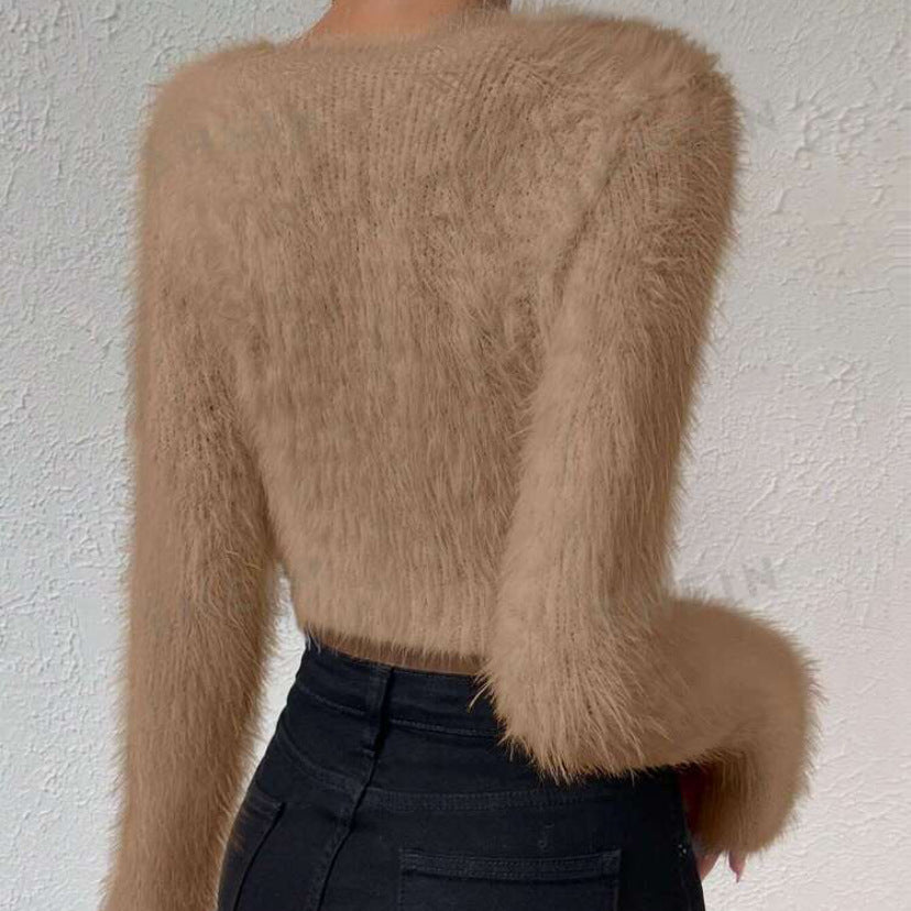 Damen Flauschiger Crop-Pullover mit V-Ausschnitt und Eyelash-Struktur Shop Nory