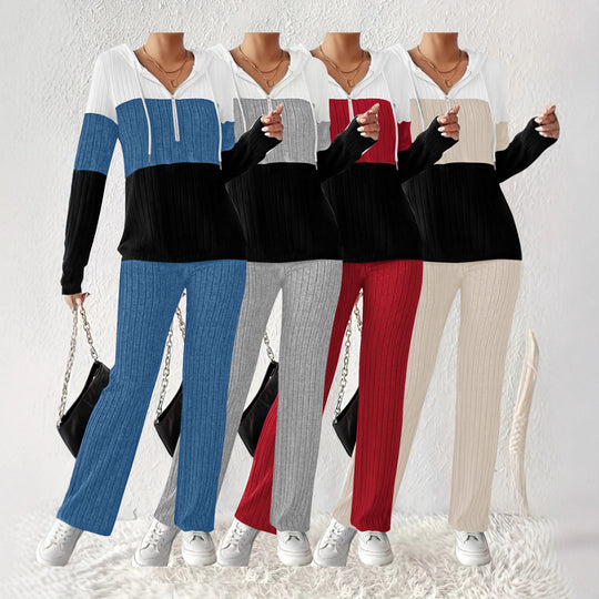 Damen Gerippter Lounge-Zweiteiler mit Kapuzen‑Halbzip und ausgestellter Palazzohose Shop Nory