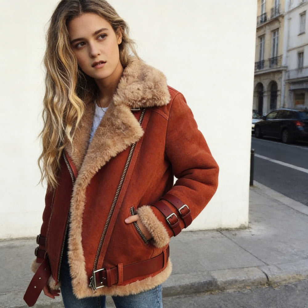 Damen nan flauschige Bikerjacke mit Teddyfutter und Schnallenbesatz Shop Nory