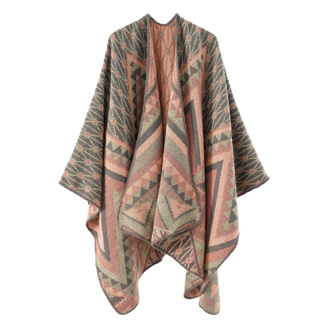 Damen Strukturiertes Jacquard-Poncho-Überwurf mit grafischem Ethno-Muster und offenem Kimono-Fall Shop Nory