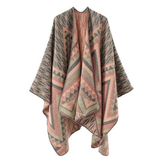 Damen Strukturiertes Jacquard-Poncho-Überwurf mit grafischem Ethno-Muster und offenem Kimono-Fall Shop Nory