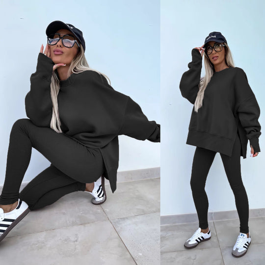 Damen komfortables Oversize-Lounge-Set mit langem Sweatshirt, gerippten High-Waist-Leggings und verlängerten Bündchen Shop Nory
