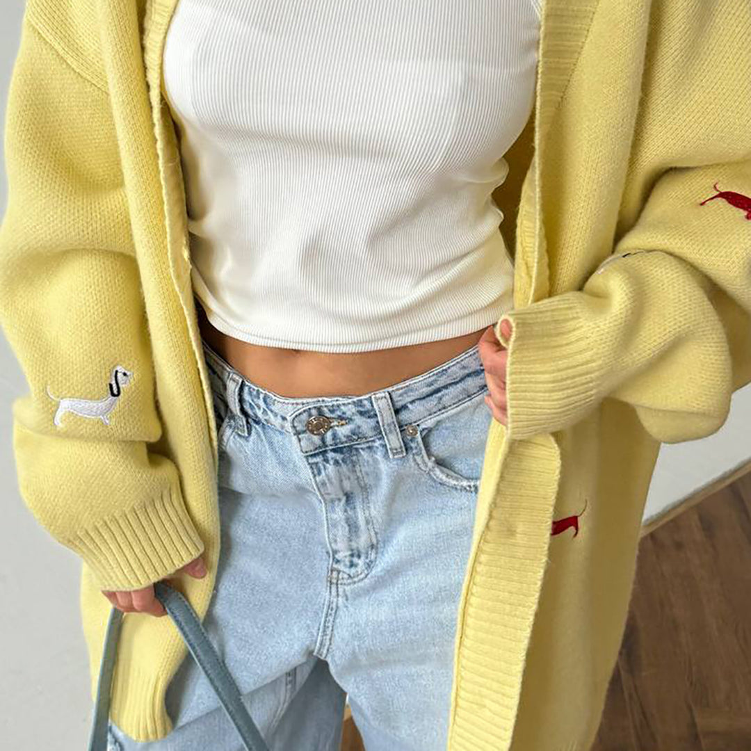 Damen Oversized Strickcardigan mit gestickten Dackelmotiven Shop Nory
