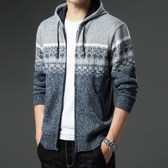 Herren Strick-Zip-Hoodie mit Norwegermuster, Kapuze und Eingrifftaschen Shop Nory