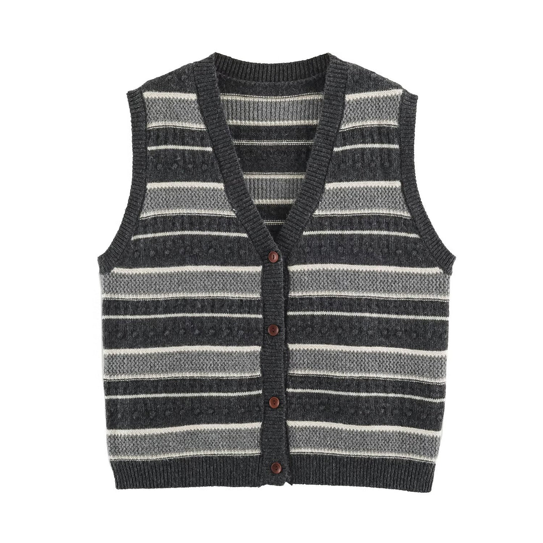 Damen Feingestrickte Weste mit V-Ausschnitt, Strukturstreifen und Knopfleiste Shop Nory