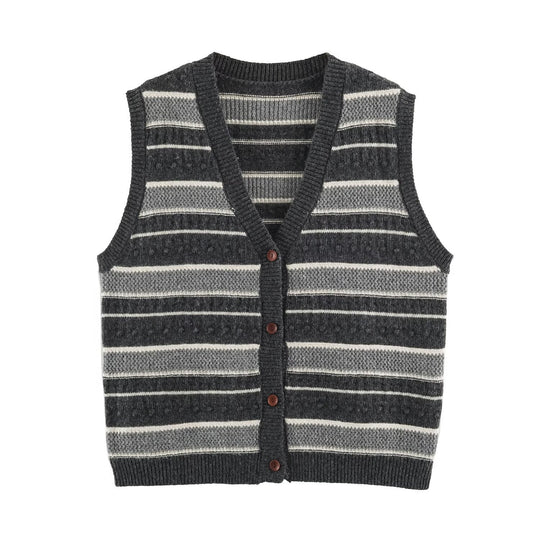 Damen Feingestrickte Weste mit V-Ausschnitt, Strukturstreifen und Knopfleiste Shop Nory