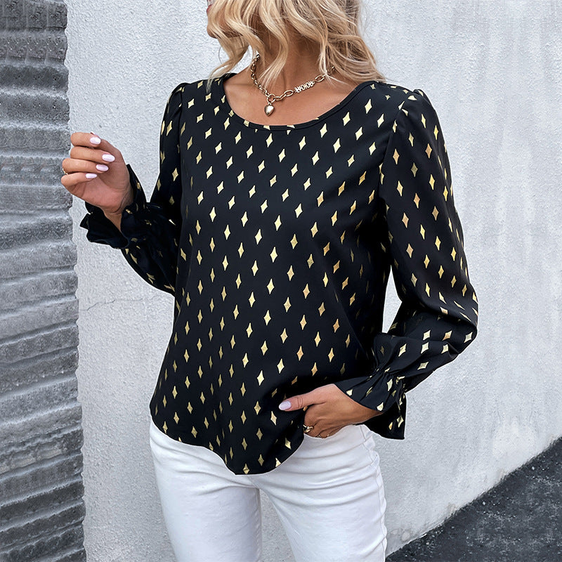 Damen Satinbluse mit Rautendruck, U-Boot-Ausschnitt und gerafften Manschetten Shop Nory