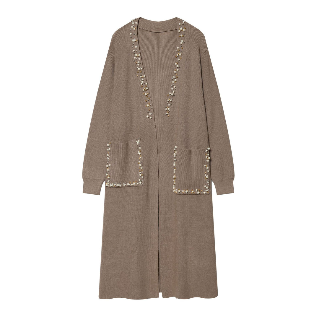 Damen lange offene Strickjacke mit Perlenbesatz und aufgesetzten Taschen Shop Nory