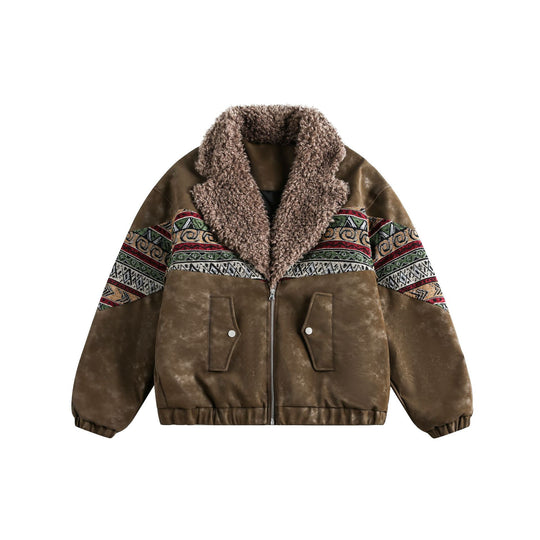 Damen Kurzer Suede-Bomber mit Kunstfellkragen und Ethno-Webeinsätzen Shop Nory