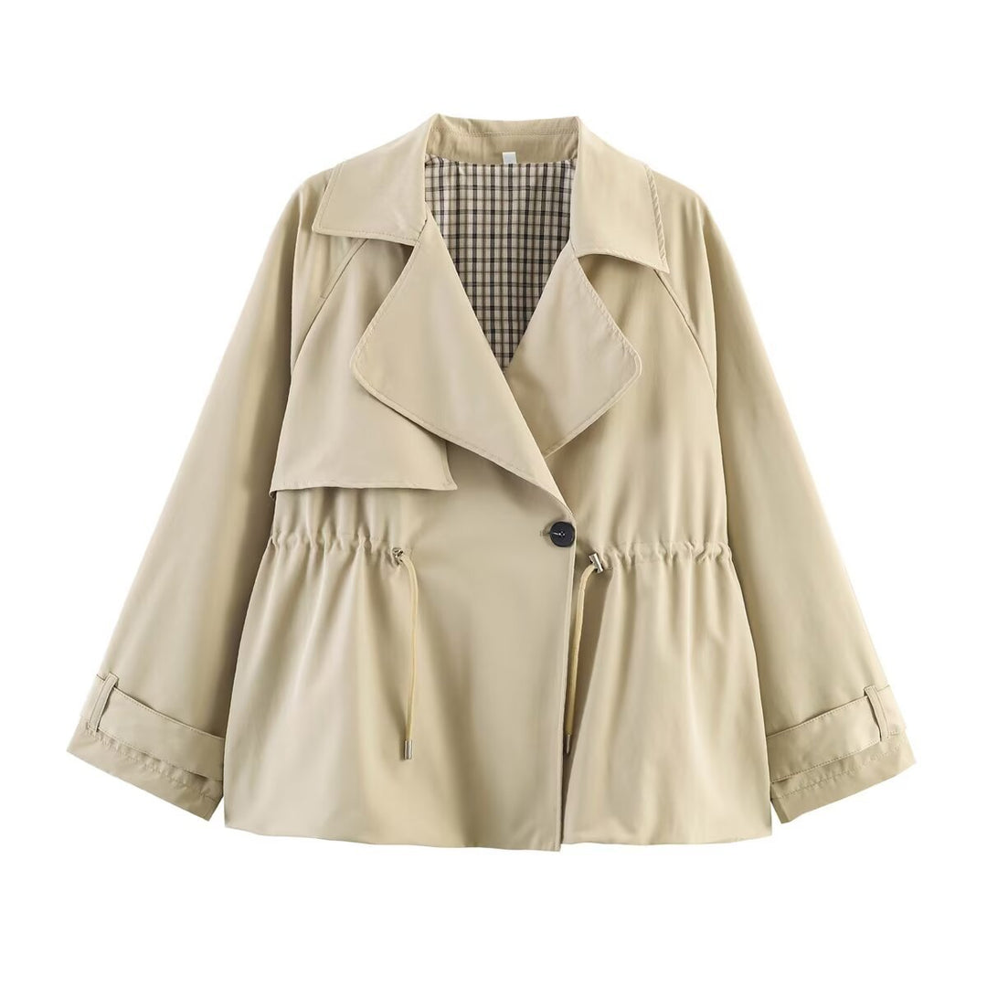 Damen Kurzjacke im Trenchstil mit Tunnelzugtaillierung und Karofutter Shop Nory