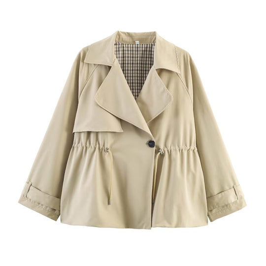 Damen Kurzjacke im Trenchstil mit Tunnelzugtaillierung und Karofutter Shop Nory