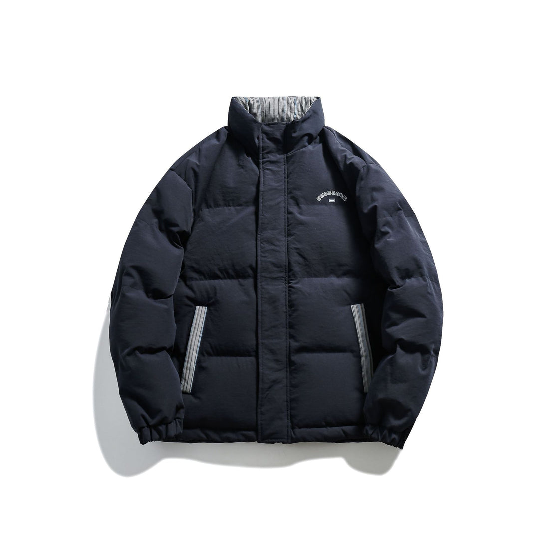 Unisex Kurz geschnittene wattierte Pufferjacke mit hohem Stehkragen und gestreiften Taschenblenden Shop Nory