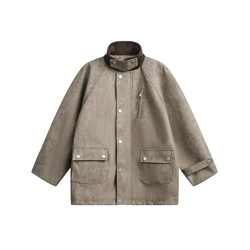 Unisex Kurz geschnittene Boxy Velours-Utility-Jacke mit Stehkragen und Pattentaschen Shop Nory