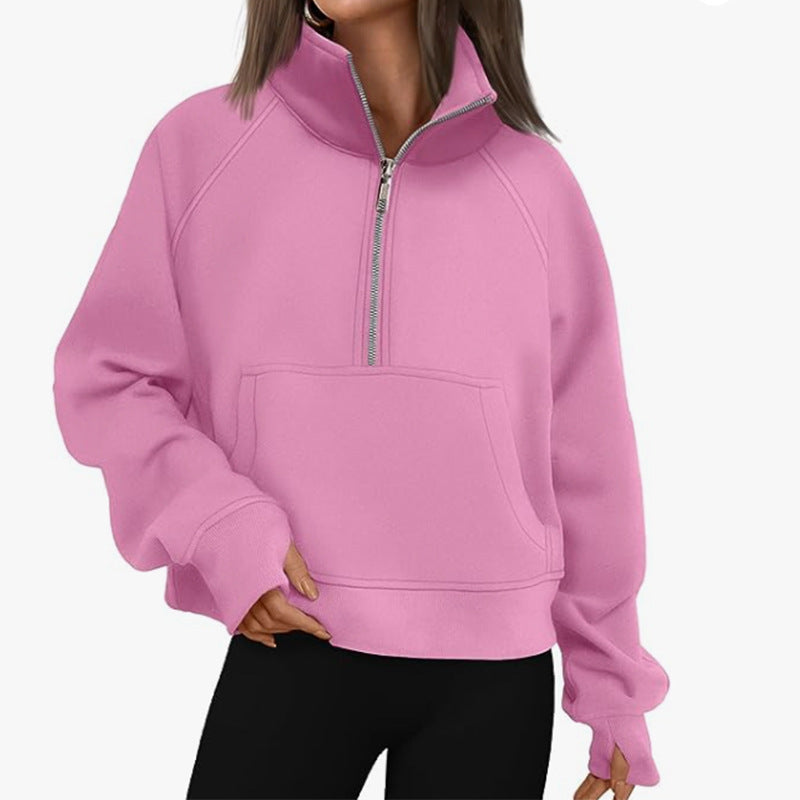 Damen nan oversized Halbzip Pullover mit Kängurutasche, Daumenlöchern und hohem Kragen Shop Nory
