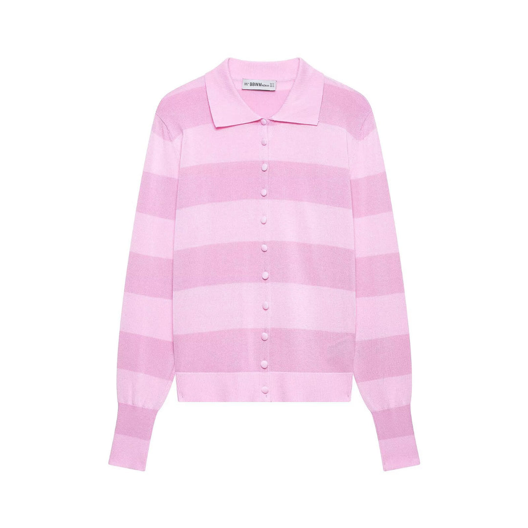 Damen Gestreifte Strickjacke mit Polokragen und durchgehender Knopfleiste Shop Nory