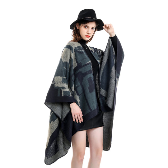 Damen Oversize-Umhangruana aus Wollmix mit abstraktem Jacquard und Zierstichkante Shop Nory