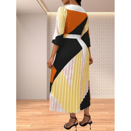 Damen Plissiertes Midikleid mit V-Ausschnitt und buntem Muster Shopnory