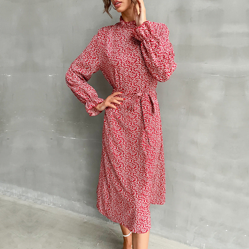 Damen Midikleid mit Stehkragen, Taillengürtel und Volantärmeln Shop Nory