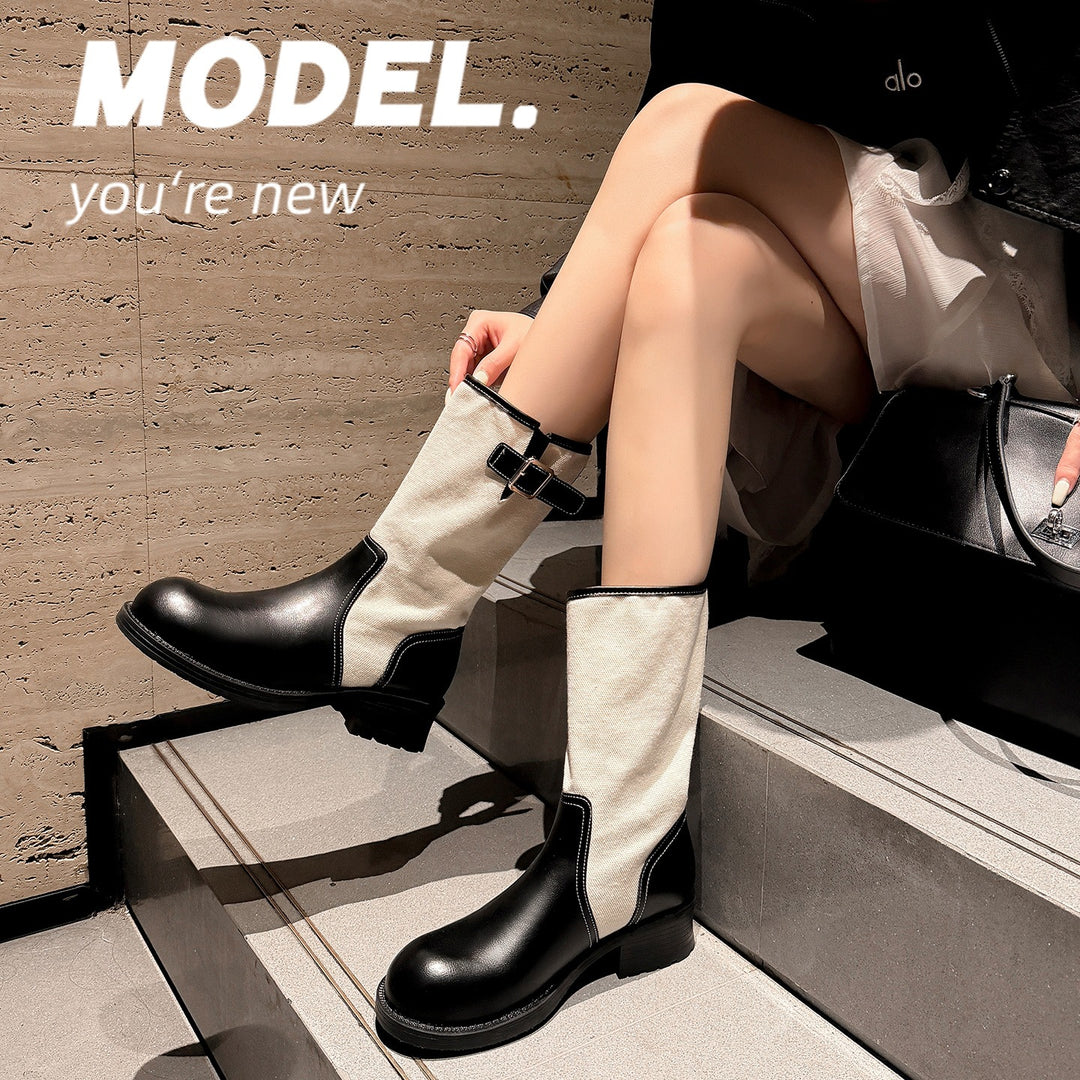 Damen Mid-Calf Stiefel aus Glattleder und Canvas mit Zier-Schnallenriemen Shop Nory