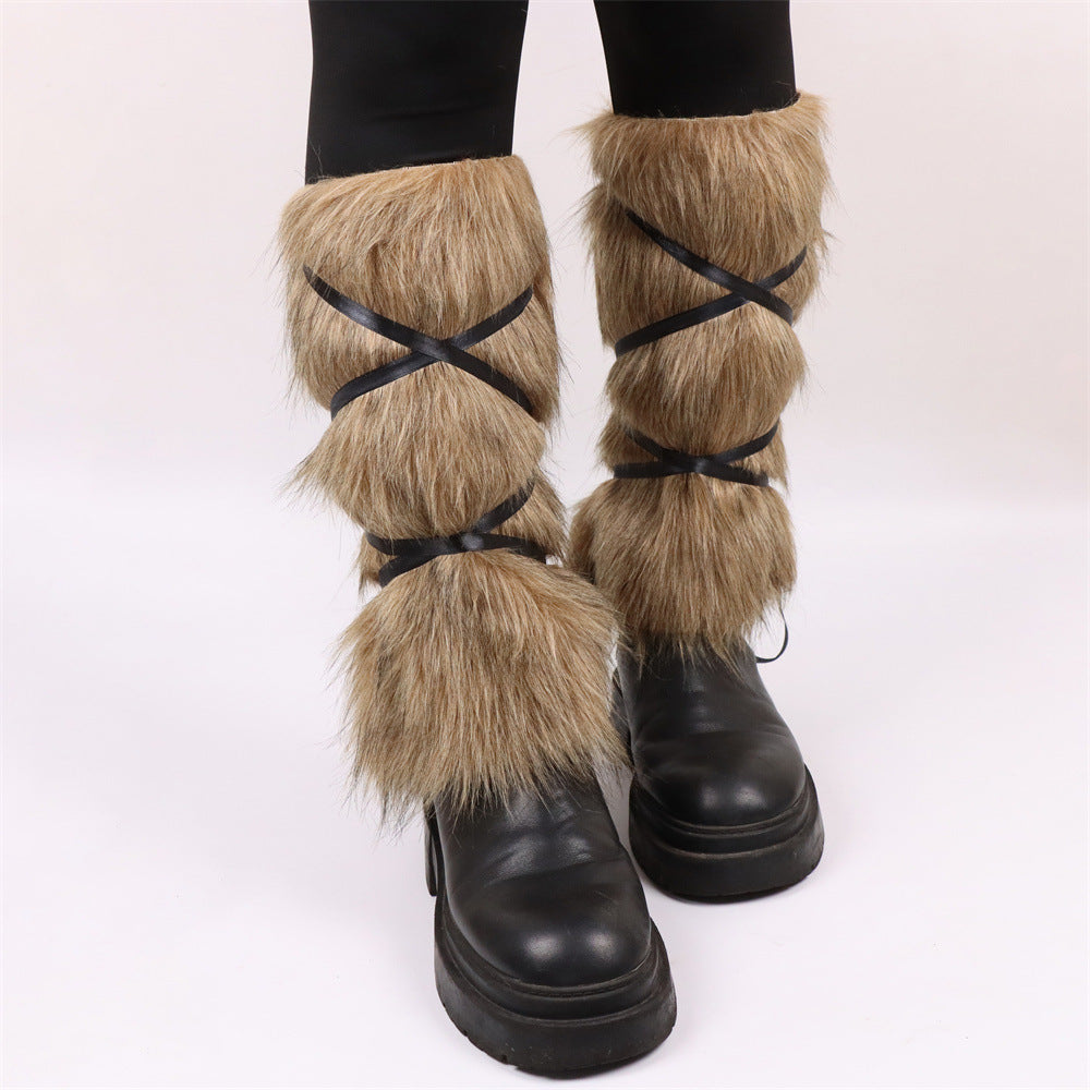 Damen Hochflor-Beinwärmer mit Kunstfelloptik und Wickelriemen Shop Nory