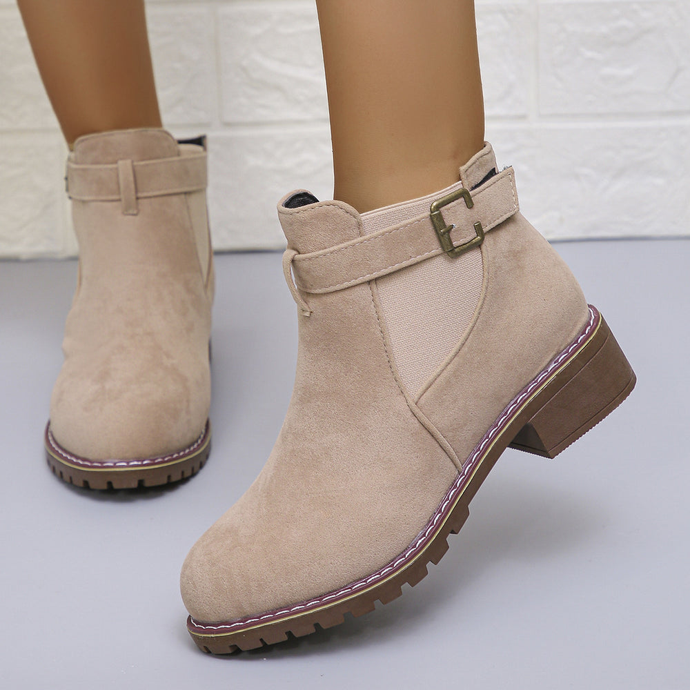 Damen kurze Ankle-Boots im Vintage-Velours-Look mit Schnallenriemen und profilierter Gummisohle Shop Nory