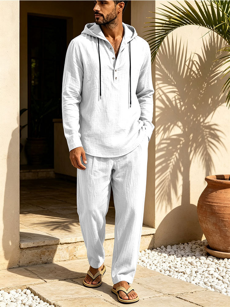 Herren Lässiges Leinen-Look Freizeit-Set mit Kapuzenhemd und weiten Hosen Shop Nory