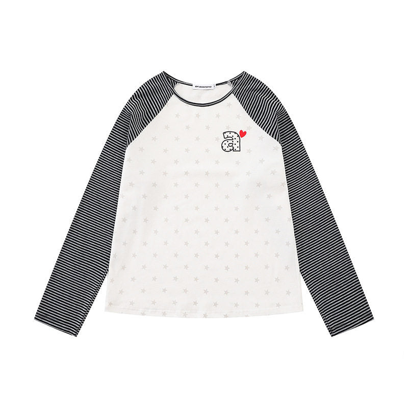 Damen Raglan-Langarmshirt mit gestreiften Ärmeln, Sternen-Allover und Buchstaben-Applikation Shop Nory