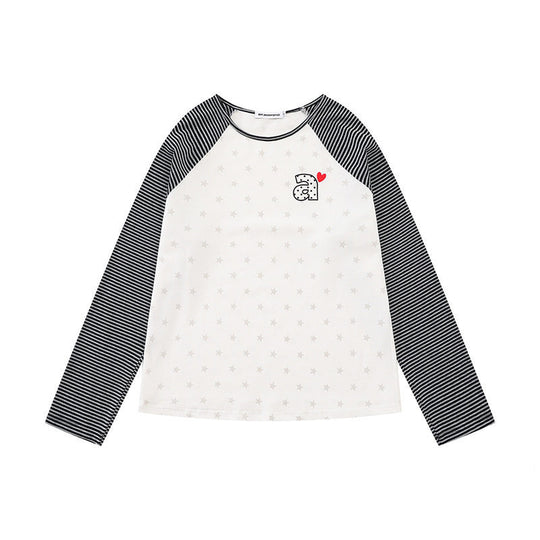 Damen Raglan-Langarmshirt mit gestreiften Ärmeln, Sternen-Allover und Buchstaben-Applikation Shop Nory