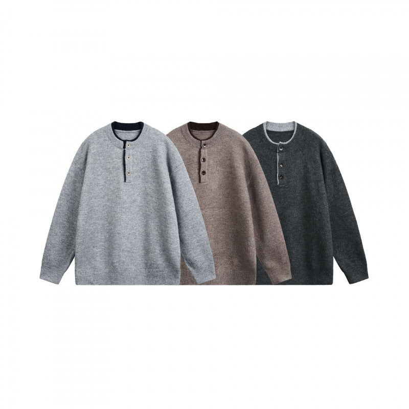 Unisex Grobgestrickter Henley-Pullover mit halber Knopfleiste und geripptem Ausschnitt Shop Nory