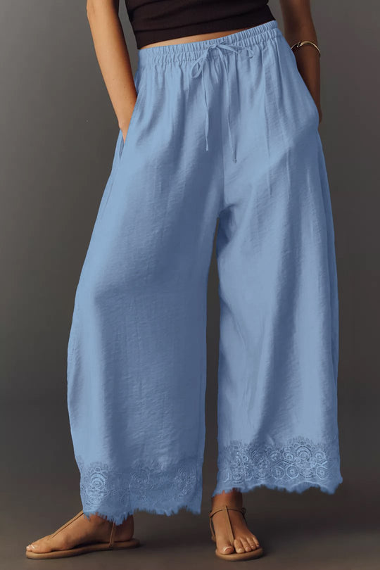 Damen Weite Palazzo-Hose mit elastischem Tunnelzugbund und Spitzenbesatz Shop Nory