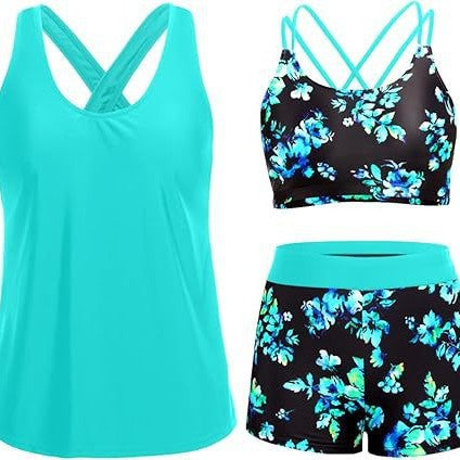 Damen Sportliches Tankini-Set mit floralem Oberteil und Shorts