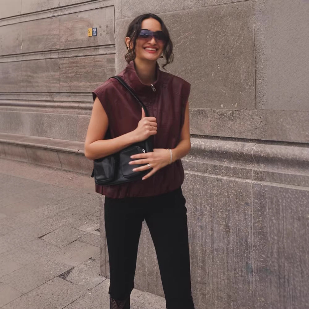 Damen Ärmellose Lederweste mit hohem Stehkragen, kurzem Boxy-Cut und Frontreißverschluss Shop Nory