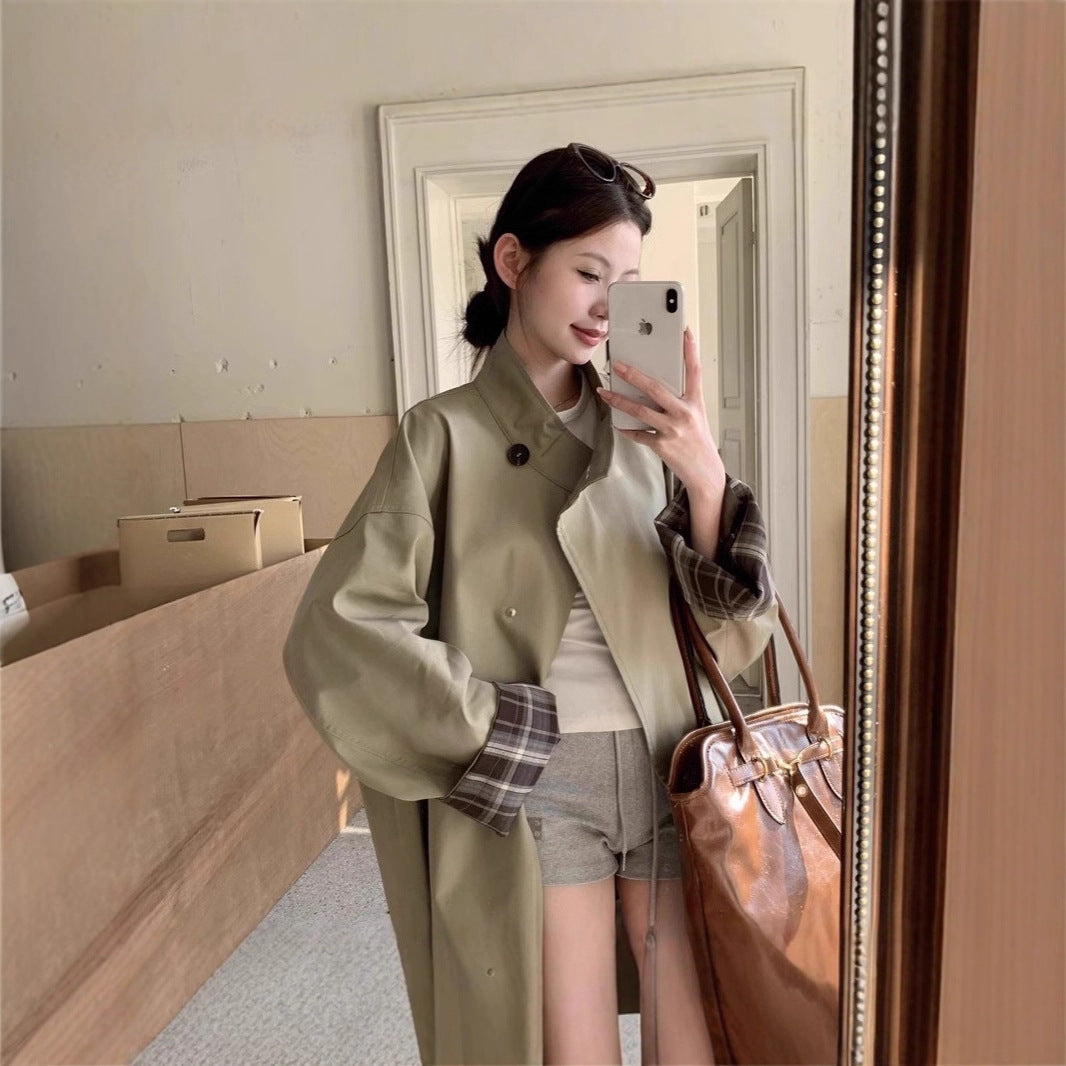 Damen Oversized Kurzmantel mit Stehkragen und kariertem Ärmelfutter Shop Nory