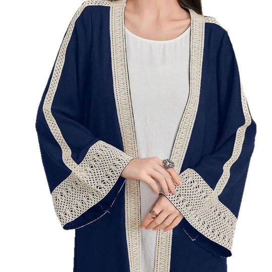 Damen Langes Open‑Front Kaftan‑Mantel mit Häkelspitzenbesatz Shop Nory