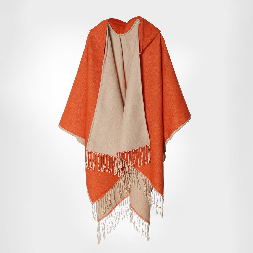 Damen Kapuzencape im Oversize-Überwurf aus Wollmix mit Wendefunktion und Fransensaum Shop Nory